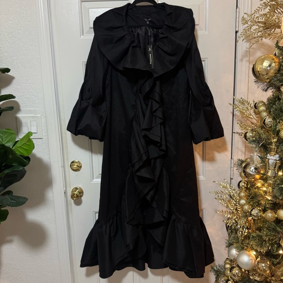 NWT SAMUEL DONG DRAMATIC STRETCH EXTRAVAGANT RUFFLE COAT DRESS Black Size Small